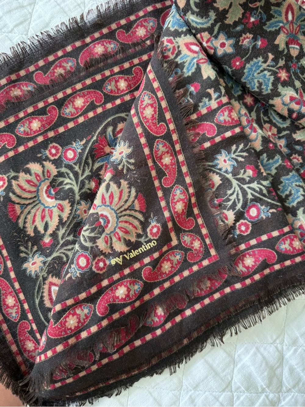 Valentino Floral Paisley Black Red Blue Fringe Scarf Wrap